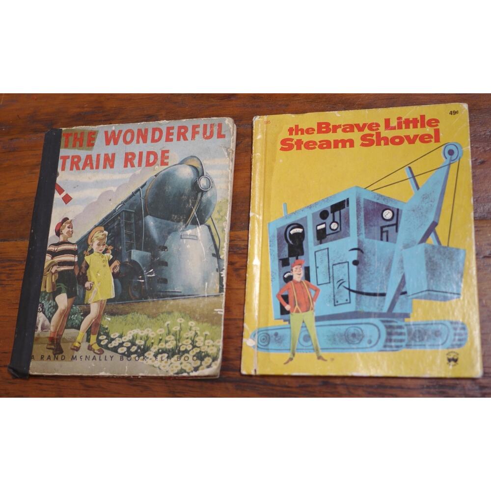 Pair Mid Century Vtg ‘Brave Steam Shovel’ ‘Wonderful Train Ride’ Childrens Books